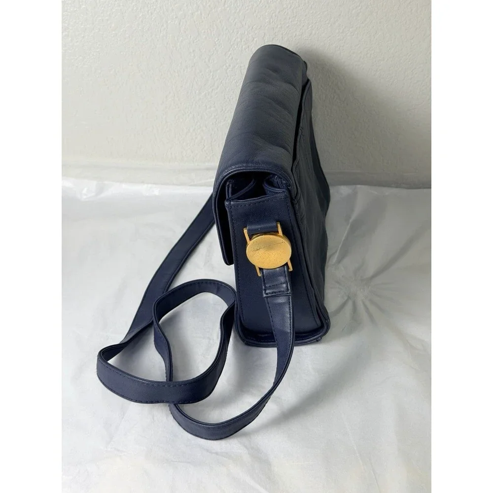 Vintage Jennifer Moore Navy Blue Leather Crossbody Shoulder Bag Gold Hardware